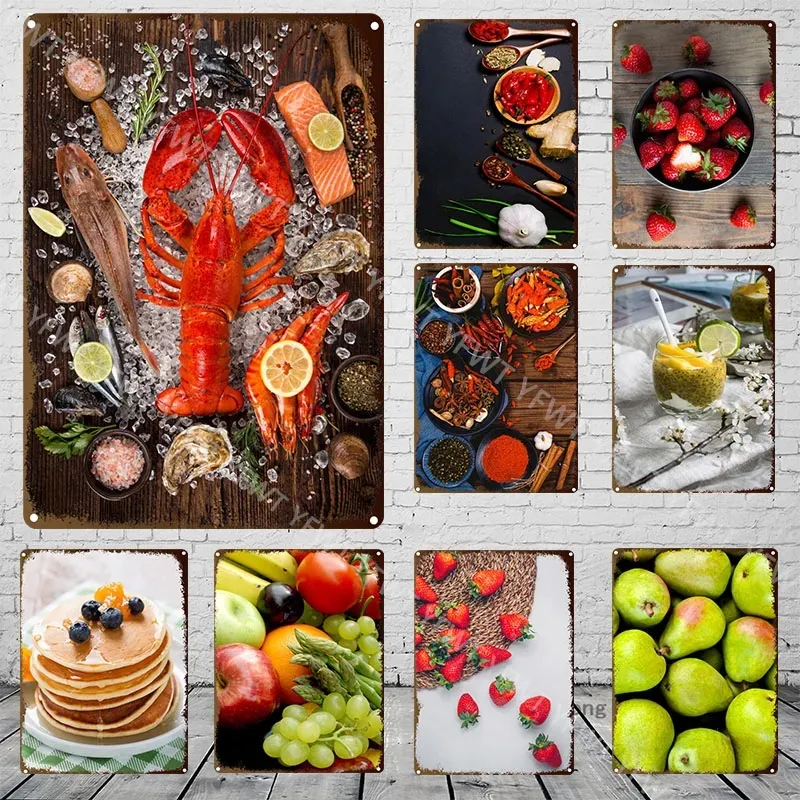 Chili Essen Obst Metall Poster Dessert Kuchen Blechschild Meeresfrüchte Funy Foods Eisen Malerei Kinder Spielplatz Küche dekorative Wandaufkleber Home Decor 20 cm x 30 cm W01