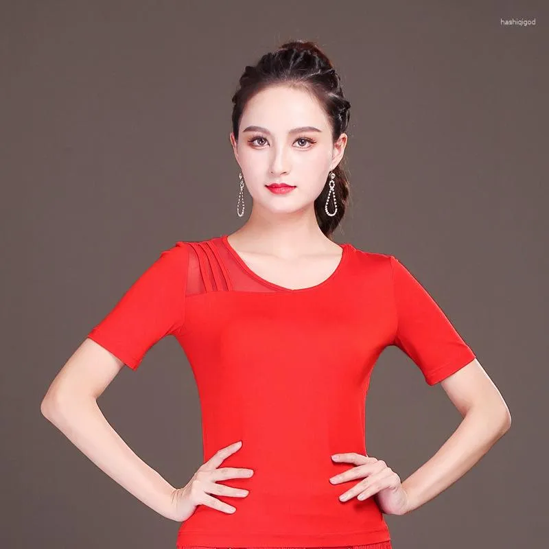 Stage Wear 2023 Modal Adult Sexy Latin Dance Practice Clothes Female Red Summer Short Sleeve Tops Modern Ballroom Performance Costume