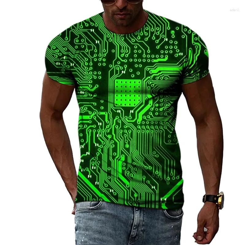 Men's T Shirts Trendy Circuit Board Pattern T-shirt Hip-hop Personality Street Short-sleeve Tees Fashion Casual Trend Round Neck Tops