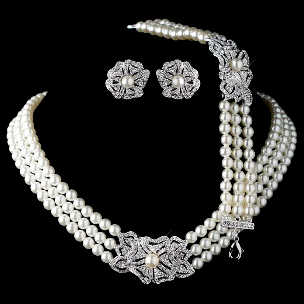 Elegant Rhodium Silver Tone Ivory Pearl & Rhinestone Crystal Necklace Earrings with Bracelet Vintage Floral Wedding Jewelry Sets