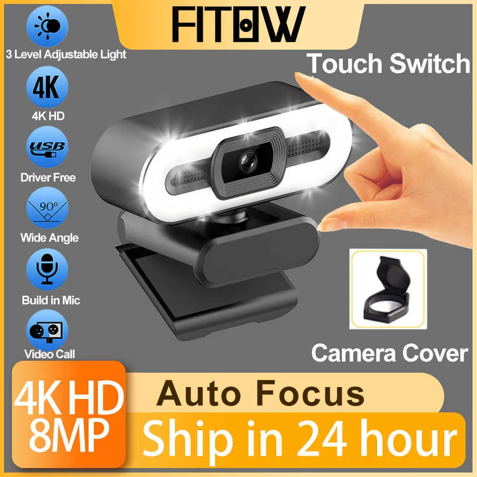 Taida Full HD 1080P 2K 4K Webcam com luz de preenchimento de foco automático Câmera web com microfone Transmissão ao vivo USB Computador PC Web Cam HKD230825 HKD230828 HKD230828