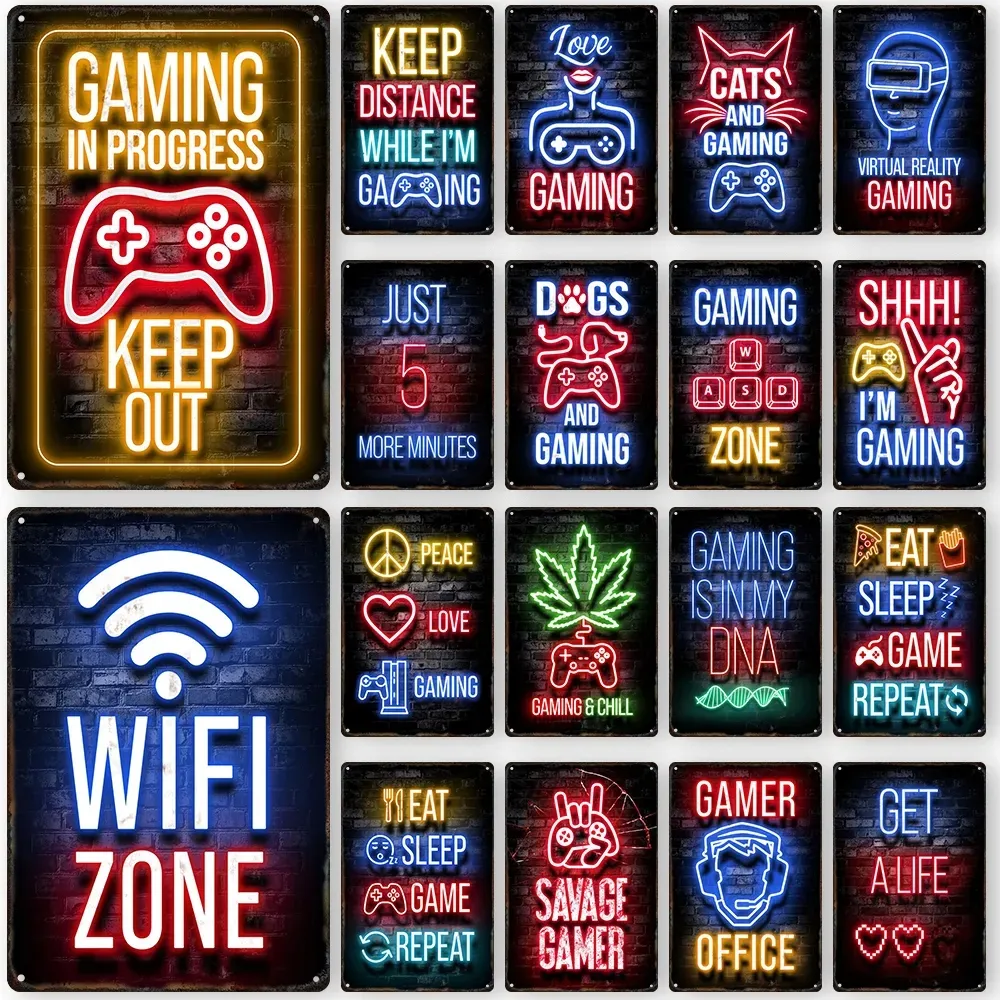 Gamepad-Vintage-Metallposter, Neonlicht, leuchtende Schrift, dekoratives Blechschild, Spielzimmer, Wandkunst, Plakette, moderne Heimdekoration, ästhetisches Gamer-Bürogemälde, 20 cm x 30 cm W01