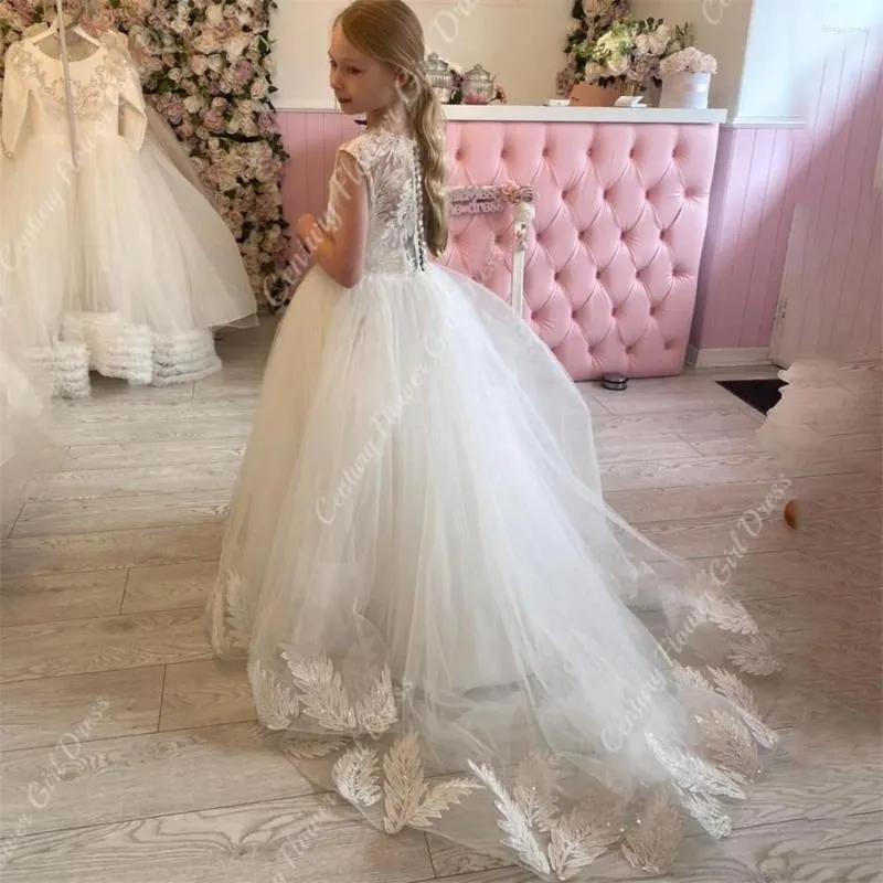 Girl Dresses Tulle Communion Party Flower White A- Line Gown Long Maxi Tutu Sleeveless Leafs Floral Appqulies Princess