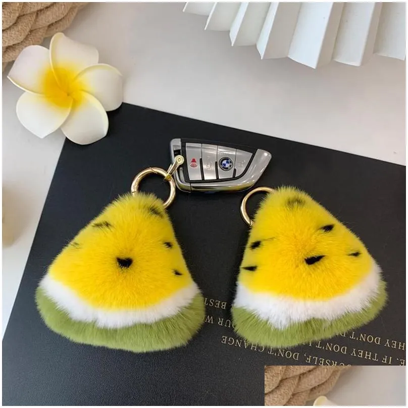 Keychains Fluffy Keyring Female Bag Hang Pendant Key-Chains Car Watermelon Fruit-Bag Real Rex Fur Accessories