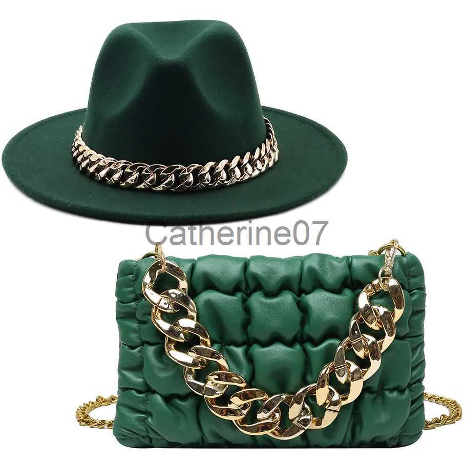 Chapeaux à bords avares Nouveau luxe fille chaîne de laine Fedora chapeau chaîne surdimensionnée accessoire sac chapeau pour femmes chapeau haut plat dernier ensemble de deux pièces J230829