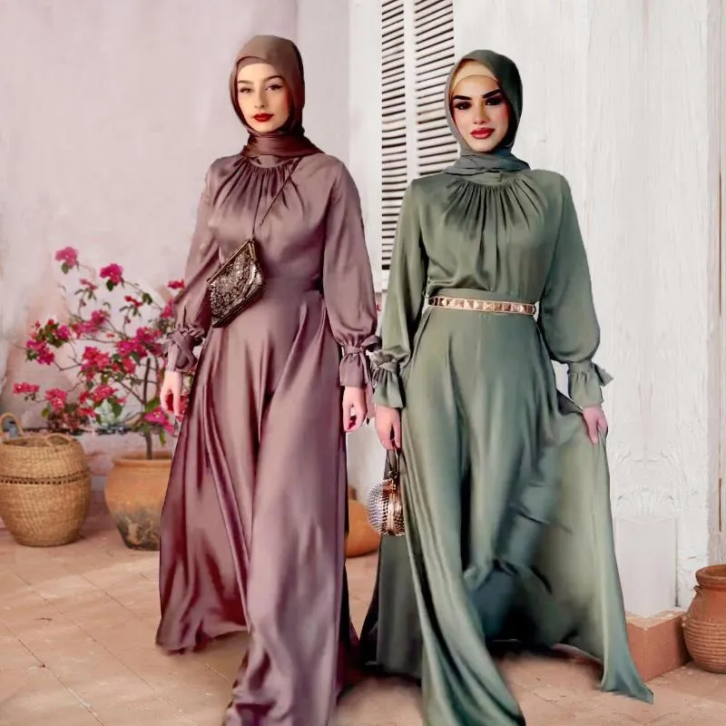 Ethnic Clothing Hijab Satin Muslim Dress Belted Abaya Dubai Turkey Arabic African Dresses For Women Islamic Kaftan Robe Femme Musulmane