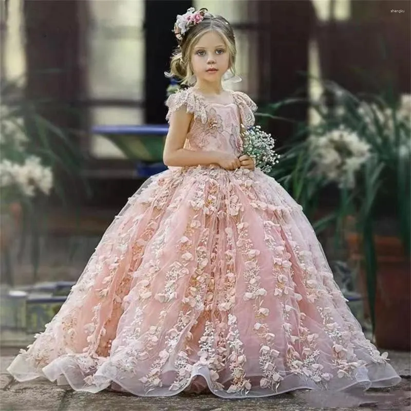 Girl Dresses Exquisite Pink Ball Gown Flower Girls Dress For Wedding 3D Floral Appliques Toddler Pageant Sleeveless First Communion