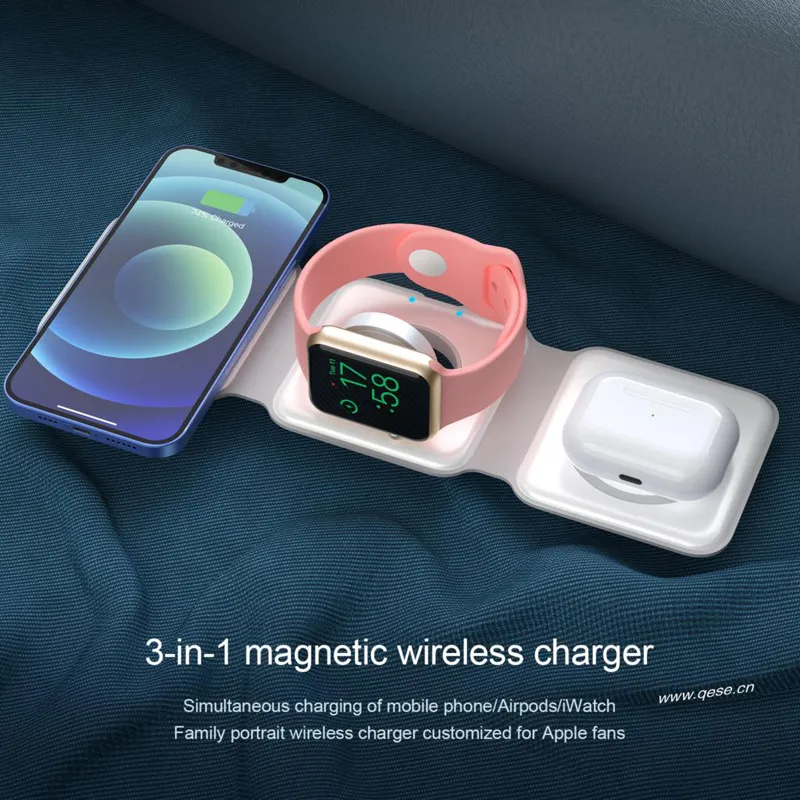 3 in 1 Foldable Fast Wireless Charger for iPhone 15 14/Pro/Max/Plus/13/12 Series for AirPods 3/2 Pro for Apple Watch/iWatch Trip Charger