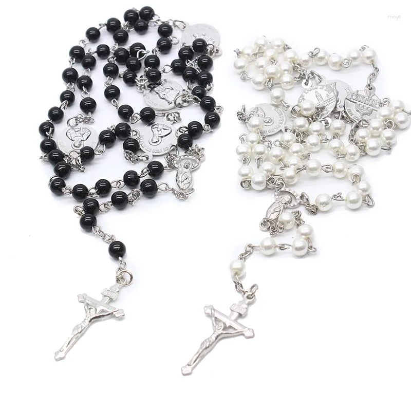 Pendant Necklaces Holy Rosary Glass Imitation Pearls Beaded Necklace For Women Religious Long Chain Jesus Cross Jewelry Gift