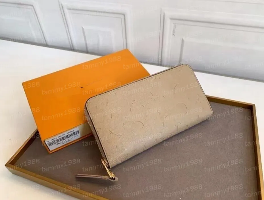 Crafty Khaki Wallets 10a本物の革のエンボス加工された財布シングルジッパーウォレット女性クラッチウォレットレディーレディースロングクラシック財布付きオレンジ色のボックスカード