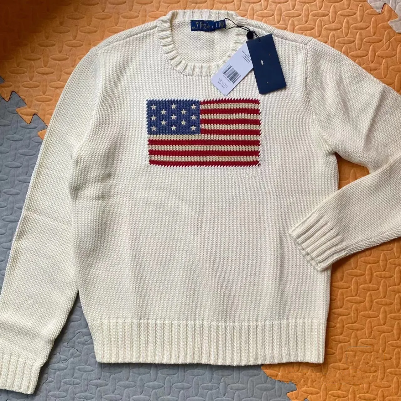Wit katoen Amerikaanse vlag gebreide trui met lange mouwen slanke fit Crew Neck Lover 2024 Winter heren casual top