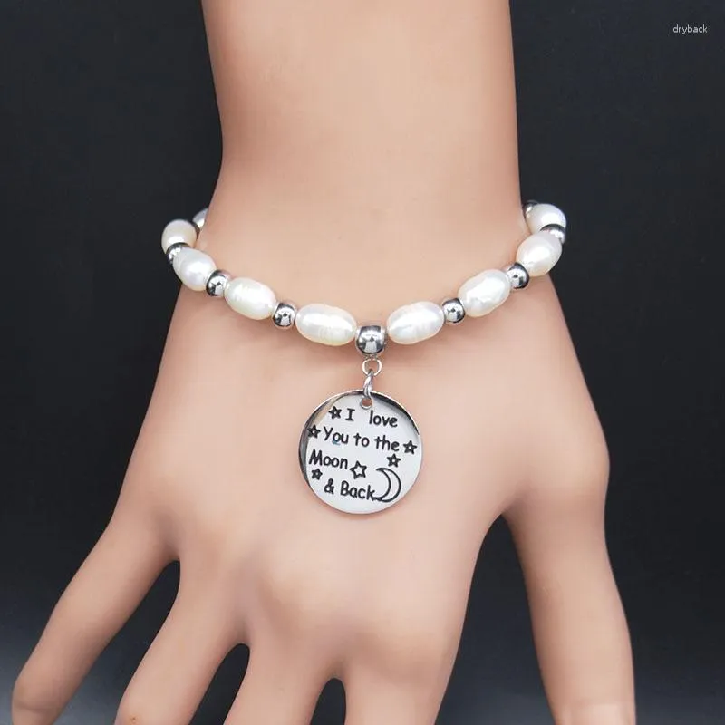 Link-Armbänder „I Love You To The Moon Back“ für Damen, Süßwasserperlen, Edelstahl-Armband, silberfarben, Schmuck B186S07