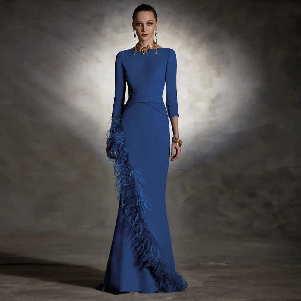 Oscar Elie Saab Stupendi abiti da ballo a maniche lunghe a 3/4 Scoop Neck Feather Satin Abiti da sera economici 2024 Custom Made 328 328