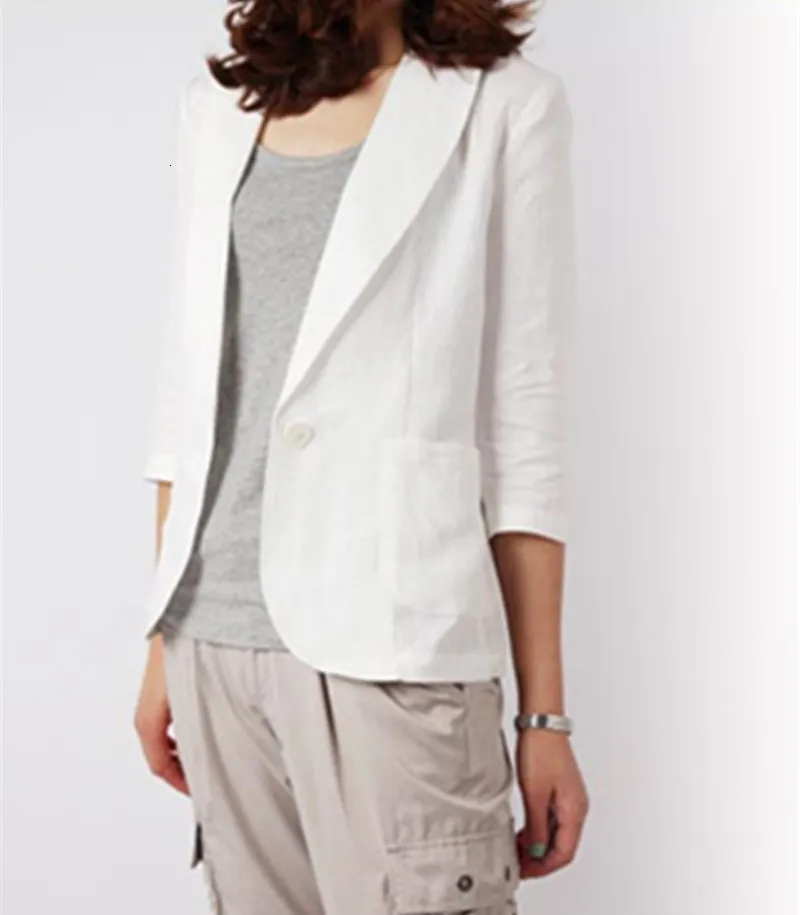 Women's Suits Blazers Plus Size White Cotton and Linen Jacket Women blazers Femme Summer Short Slim Three Quarter Sleeve Leisure Coat Office Ladies 230828