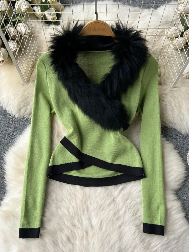 Sexy Faux Fur Patchwork Sweater Women's V-Neck Pullover, Long Sleeve,  Slim Fit Knitted Top, Fashion Autumn Color Block Stretch Sweaters