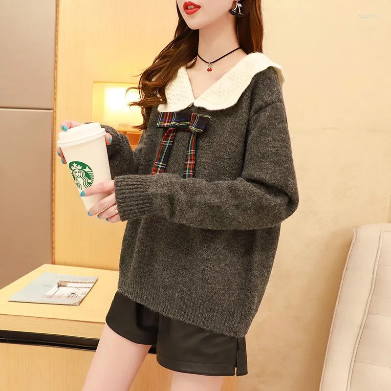 Pulls pour femmes 2023 Automne Hiver Femmes Pull tricoté Rouge Kawaii Preppy Style Tricots Femme Casual Plaid Bow Col Pulls Jumper