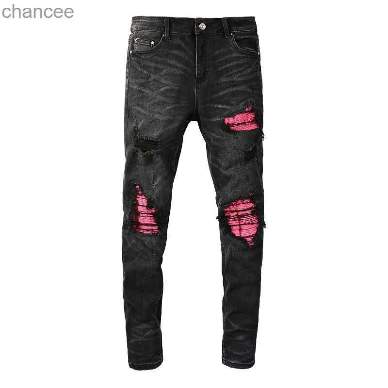 EU Drip Denim Men's Black Distressed Moustache Slim Fit Damaged Holes Pink Ribs Patches Stretch Scratched Ripped Jeans HKD230829