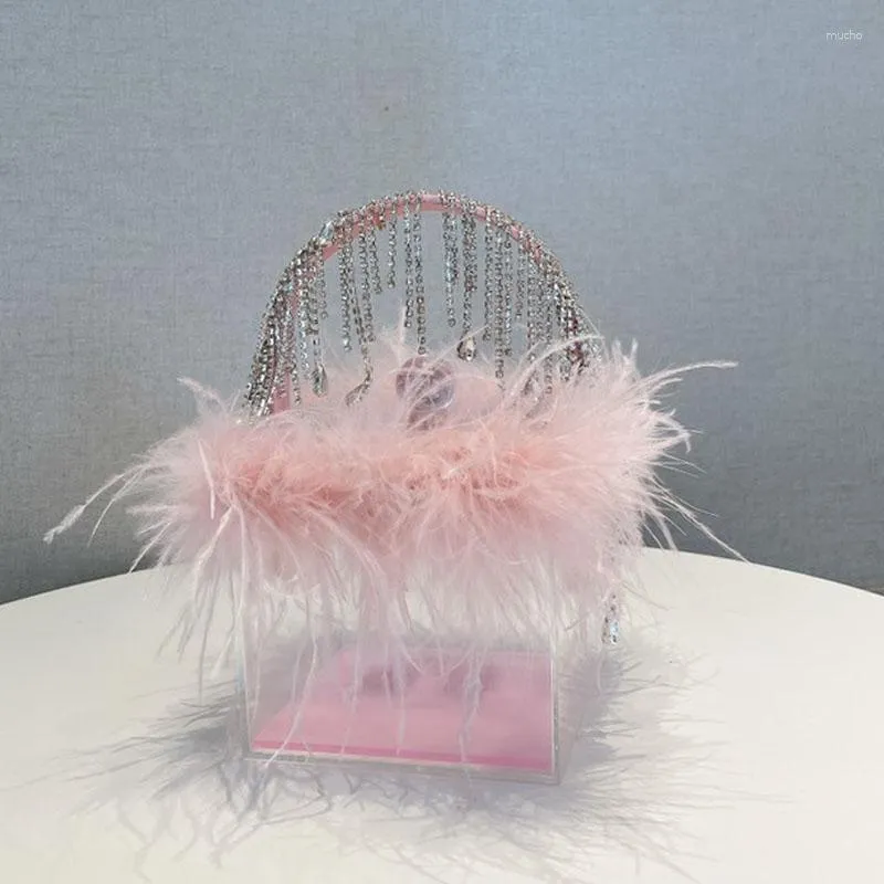 Avondtassen Transparant Acryl Koppelingen Mode Luxe Roze Witte Veer Strass Kwastje Box Tas Voor Vrouwen Bruiloft Handtas