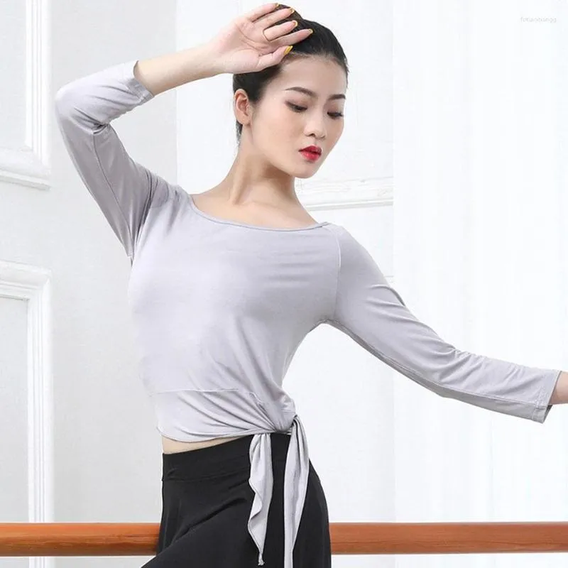 Scen Wear 2023 CM023 Kvinnliga latinska danstoppar långärmad sidoband design kvinnliga dansa skjorta för magen balsal prestanda