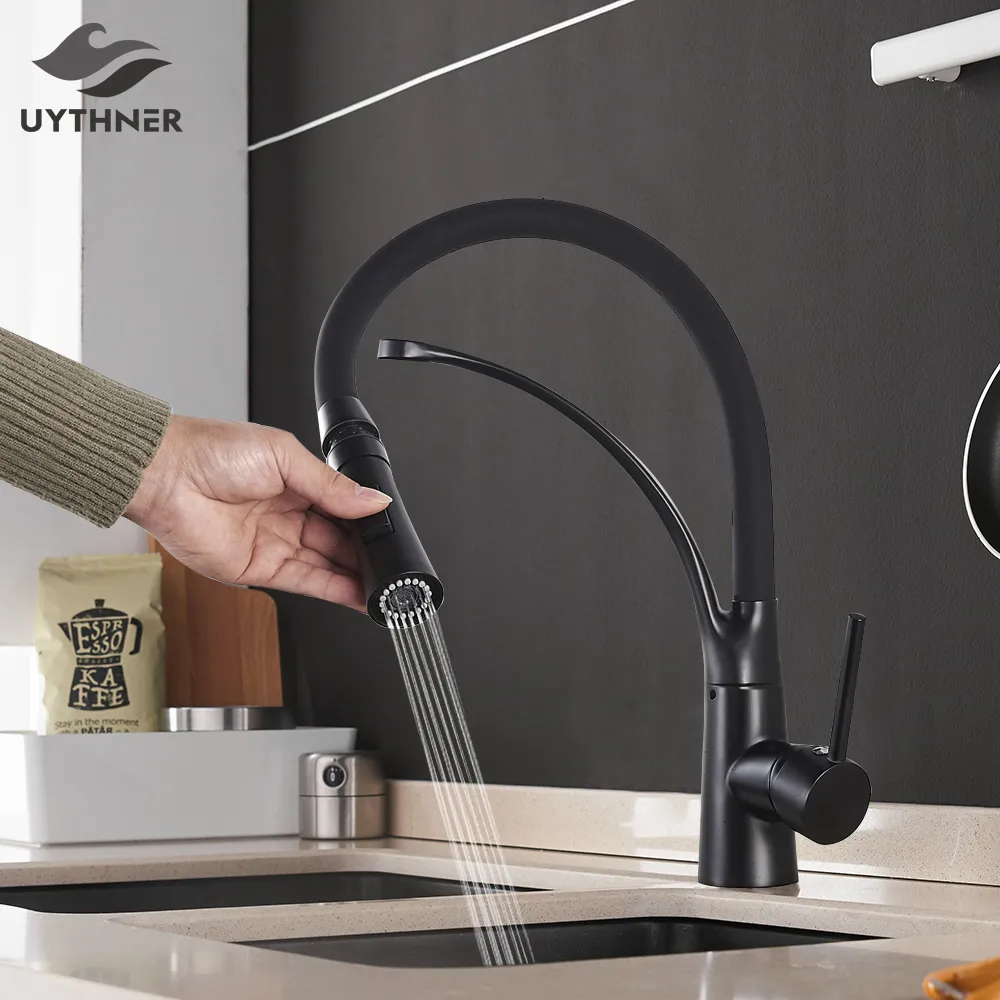 Torneiras de cozinha BlackChrome Sink Torneira Giratória Pull Down Tap Montado Deck Banheiro e Misturador de Água Fria 230829