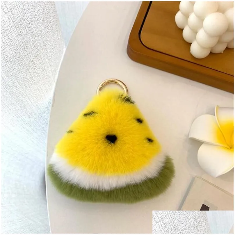 Keychains Fluffy Keyring Female Bag Hang Pendant Key-Chains Car Watermelon Fruit-Bag Real Rex Fur Accessories