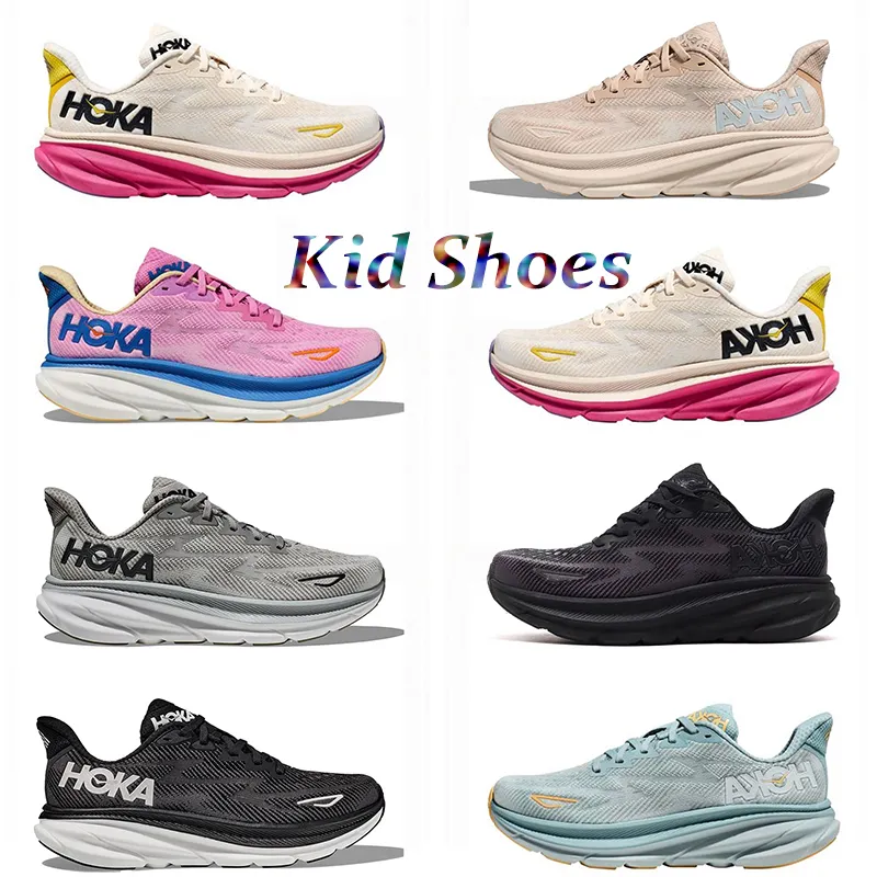 Kid Hoka One Clifton 9 Buty do biegania Toddler Fashion Sneakers Hokas Womens Triple Biel Biały Cyklamen Słodki liliowy zmiana piasku dla dziewcząt trenerzy Rozmiar 28-35