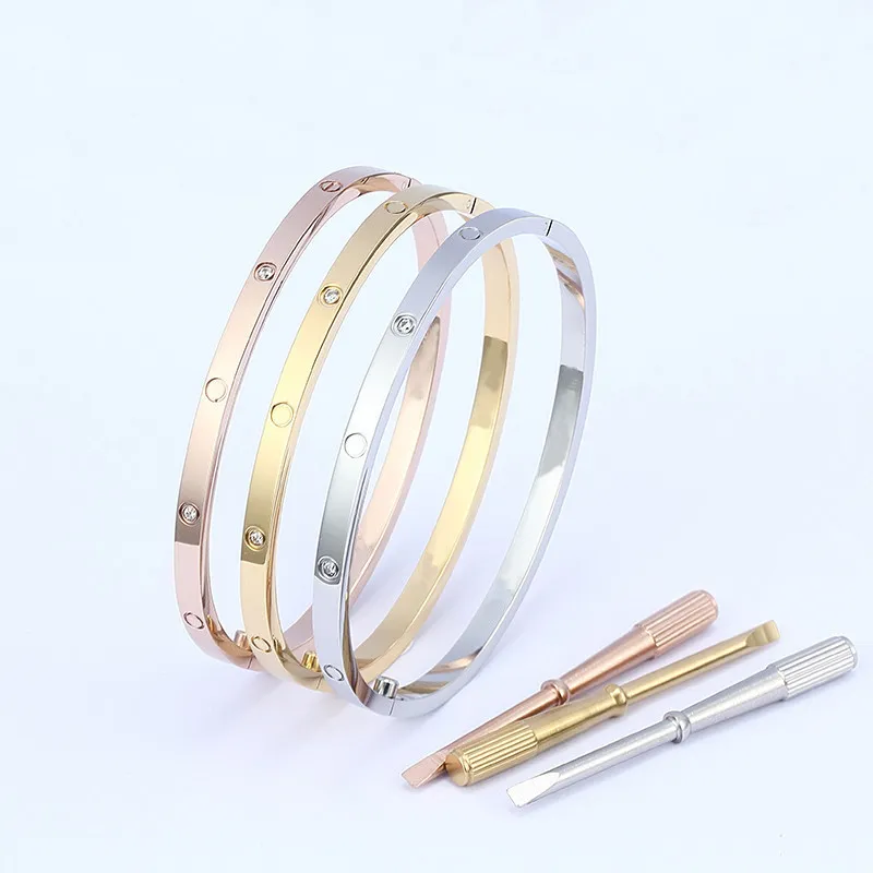 4 мм тонкий 6-й дизайнерский браслет из титановой стали для женщин и мужчин любовь серебро розовое золото отвертка браслеты для ногтей браслет пара ювелирных изделий с оригинальной сумкой