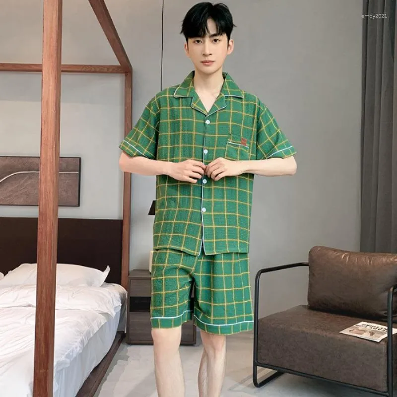 Mäns sömnkläder Summer Short Pyjamas passar män pojke mode pläd bomull set koreanska hem kläder pajama homme dropship