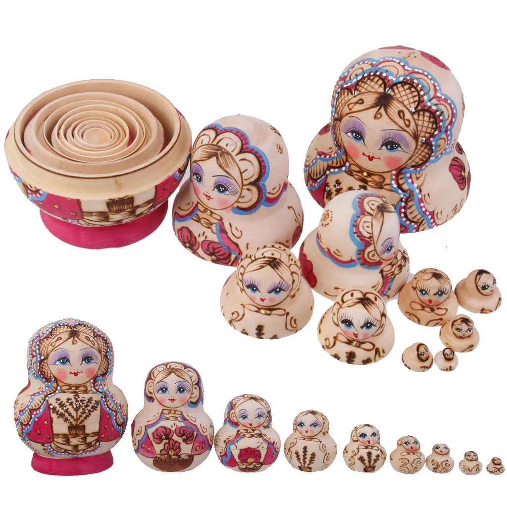 Poppen 10-delige set Russische poppen Matryoshka Nestelend speelgoed Geschilderde bomen Hout 230829