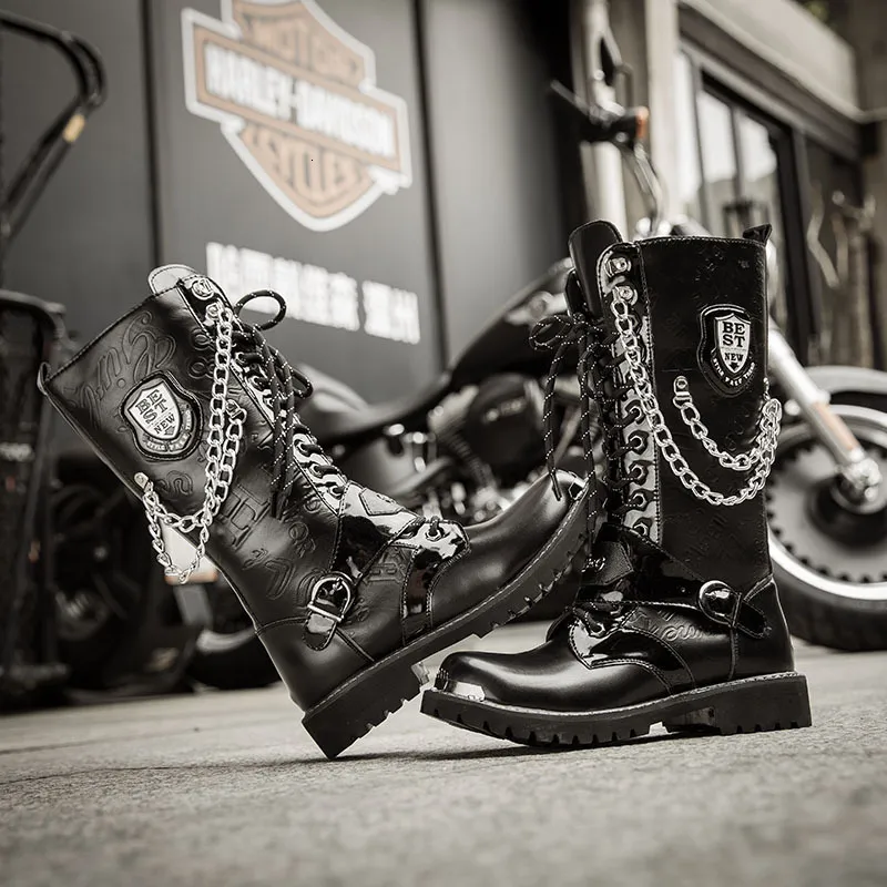 Buty męskie skórzane motocykl Midcalf Wojskowe walki gotycki punkowy men taktyczny armia but stal butów butów 230829
