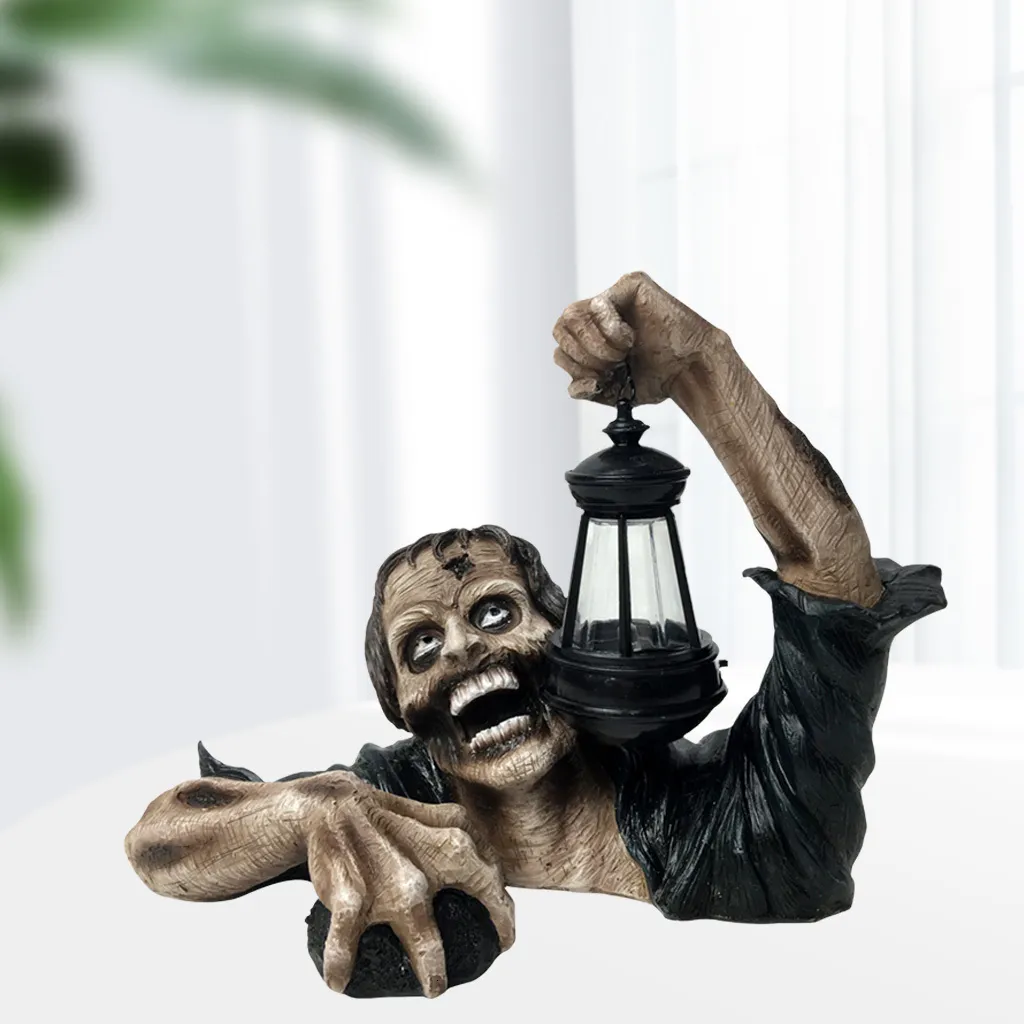 Zombie Sculpture with Lantern Garden Statue Lawn Terror Lifelike Statue Ornament For Decorating Outdoor Halloween Decoration