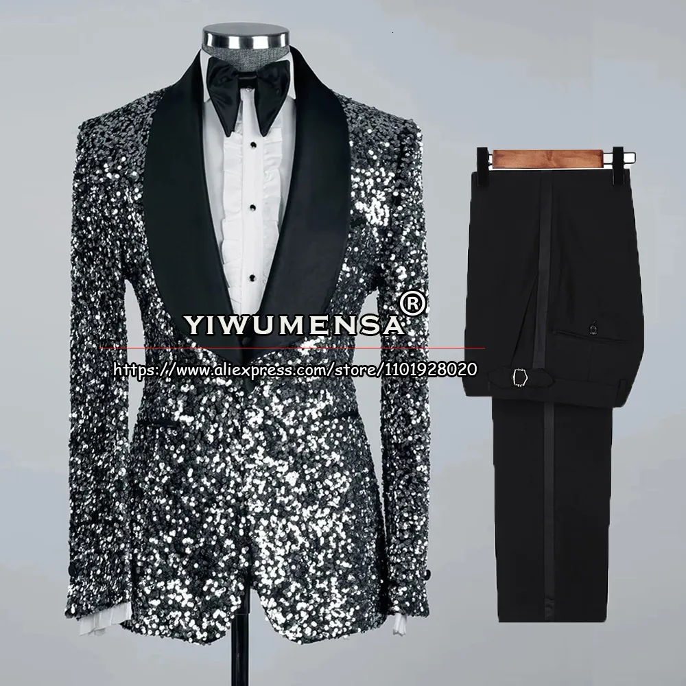 Costumes pour hommes Blazers Élégant costume de mode masculine hommes argent brillant paillettes Blazer formel marié bal fête mariage smoking coupe mince vêtements d'affaires 230828