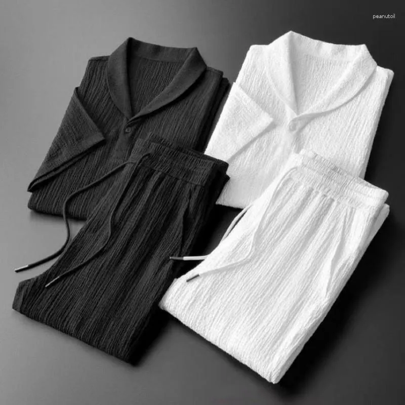 Herrespårskjortor byxor sommar elastiska midja sportkläder casual uppsättningar manliga modebyxor och skjorta män tvådelar set storlek m-4xl tz11