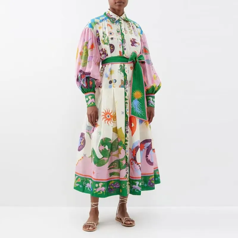 Australijska projektant Vintage Bohemian Dress z Lapel Single Bered Long Lantern Rękaw Graffiti Print Koronką