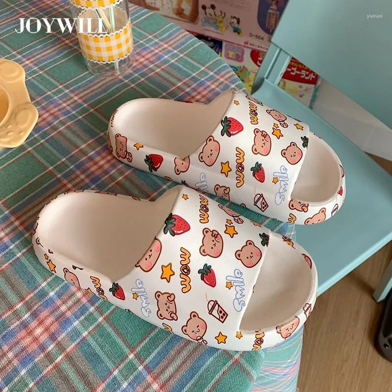 Tofflor Joywill Women's Home Eva Soft Sole Flat Shoes Cartoon Bear Björn Söt för kvinnor inomhus hus damer flip flops 2023