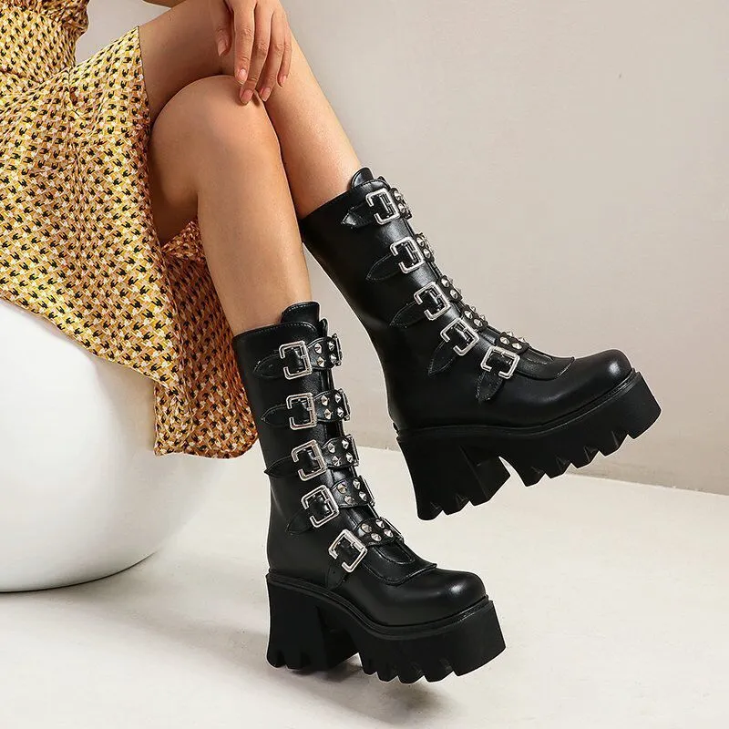 Bottes Dames Punk Rock Plateforme À Talons Hauts Avec Semelle Épaisse Belle Fermeture À Glissière Arrière Grande Taille Botte De Scène Mode Femmes Chaussures PU 230829