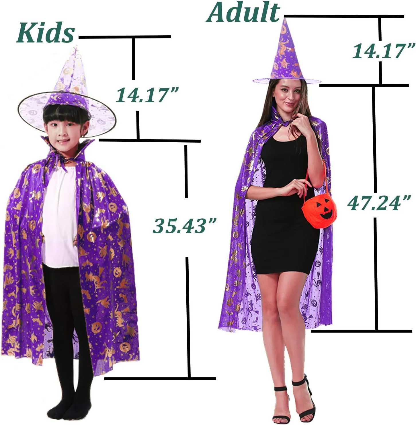 Fantasia de bruxa de Halloween, chapéu, capa de feiticeiro, capa para meninos, meninas, mulheres, fantasia de dramatização de abóbora