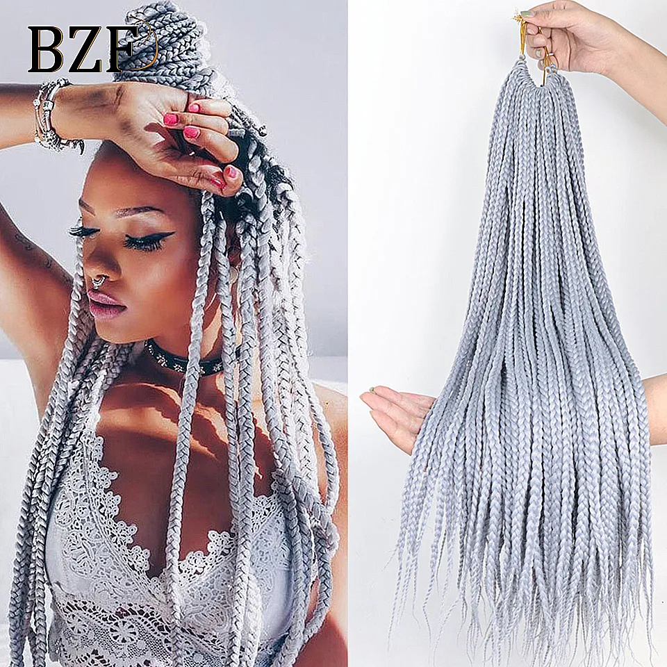 Cheveux humains en vrac gris 3X boîte tresses cheveux synthétiques 24 "crochet tressage extensions de cheveux déesse bleu tresse pré bouclée ombre colorée pour les femmes 230828