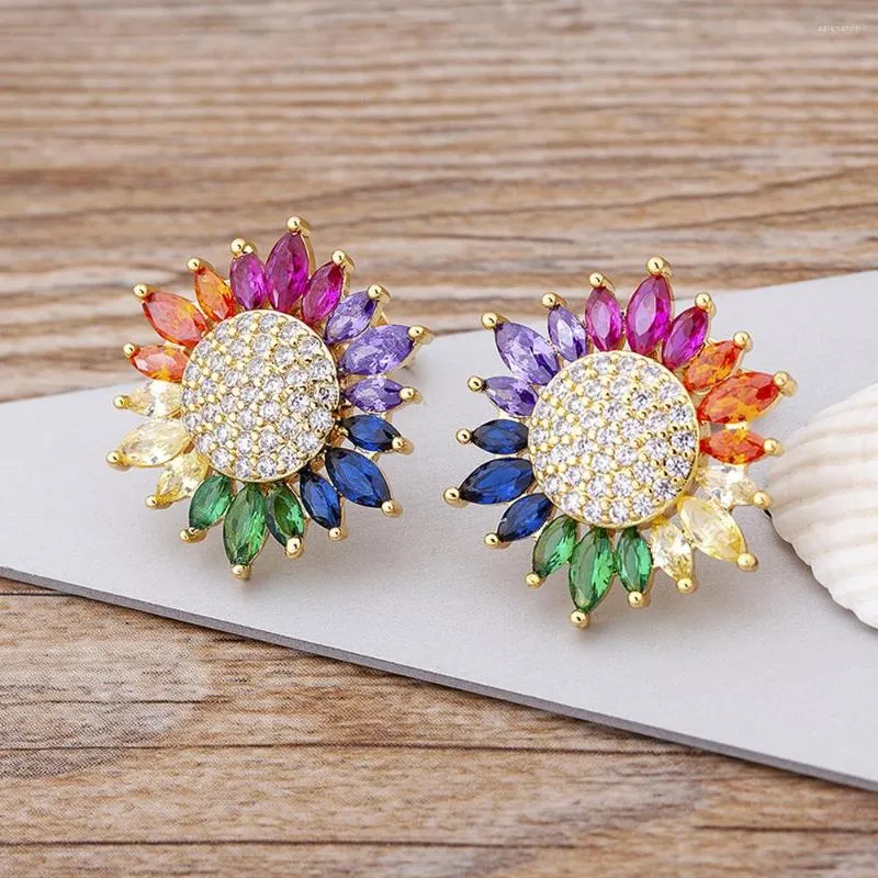 Stud Oorbellen AIBEF Kleurrijke Zoete Zonnebloem Zirconia Kleur Koper Voor Vrouwen Zomer Strand Bruiloft Charme Sieraden