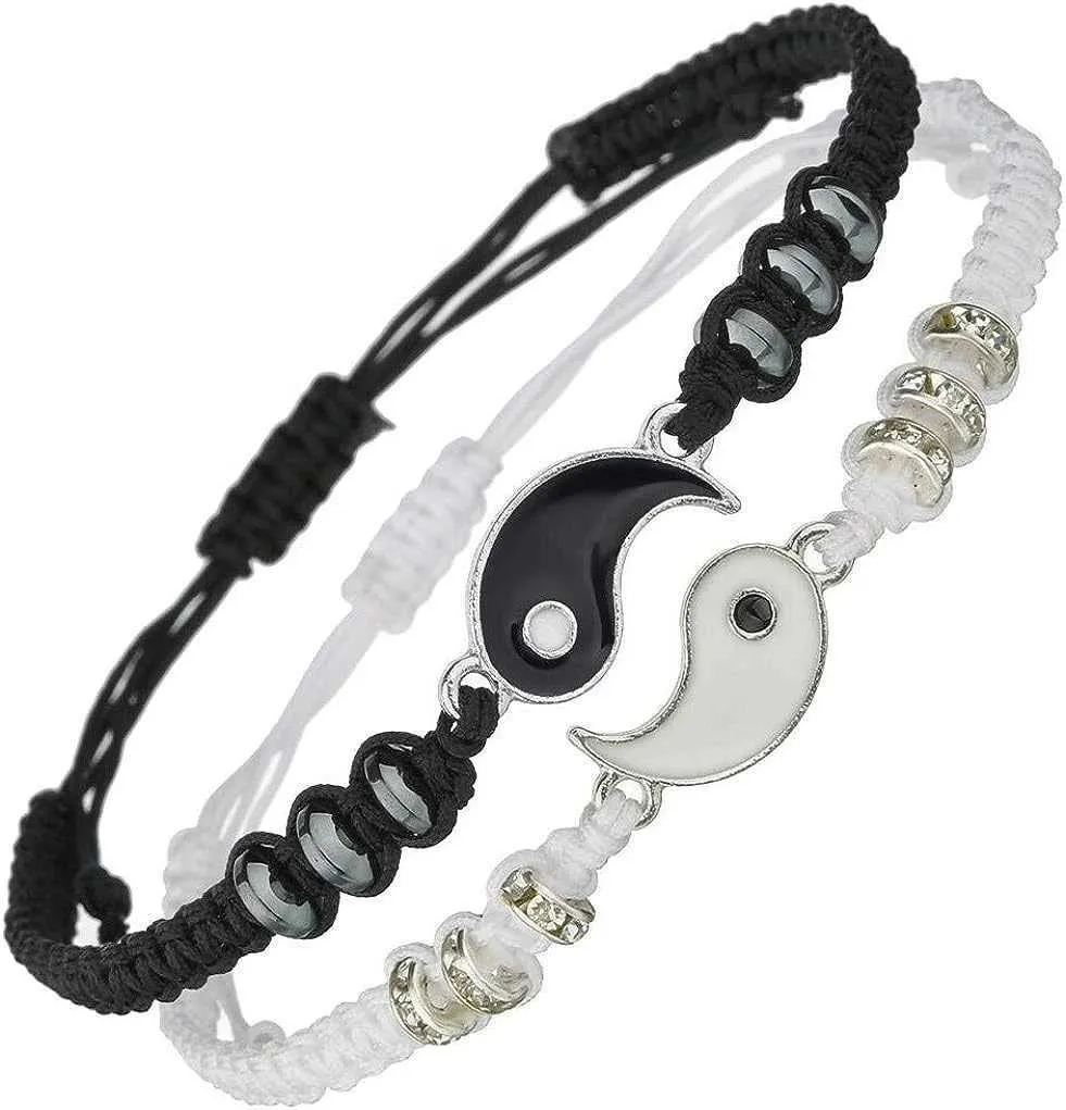 Braccialetti per migliori amici per 2 braccialetti con cordino regolabile Yin Yang abbinati per la migliore amicizia, relazione, fidanzato, fidanzata, regalo di San Valentino