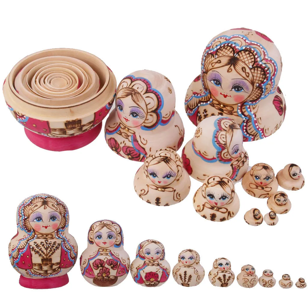 10pcs Set Russian Dolls Matryoshka Nesting Toy Painted Trees Wood