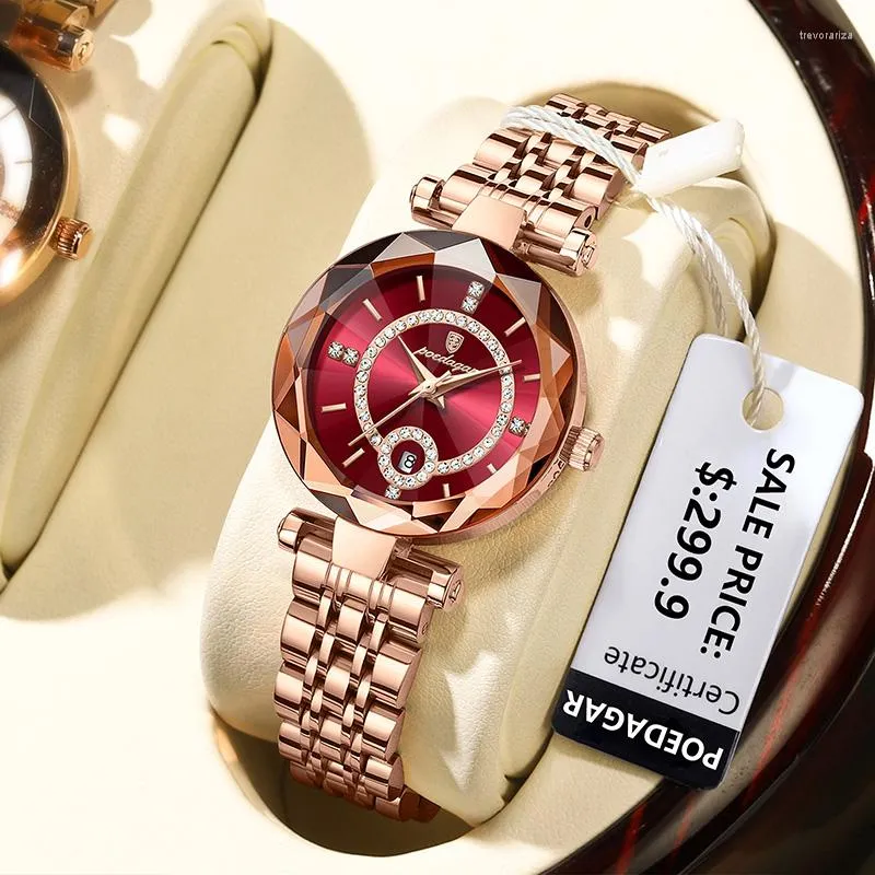 Нарученные часы Poedagar Ultra Thin Diamond Women Watch Luxury Водонепроницаемые из нержавеющей стали Quartz Woman 2023 Элегантное розовое золото.