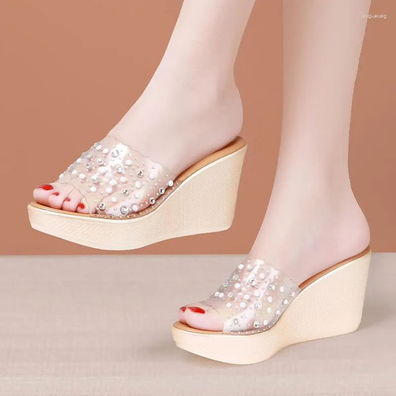 Sandalen 8 cm hoge hakken wig voor dames zomerplatform strass transparant open teen gouden schoenen