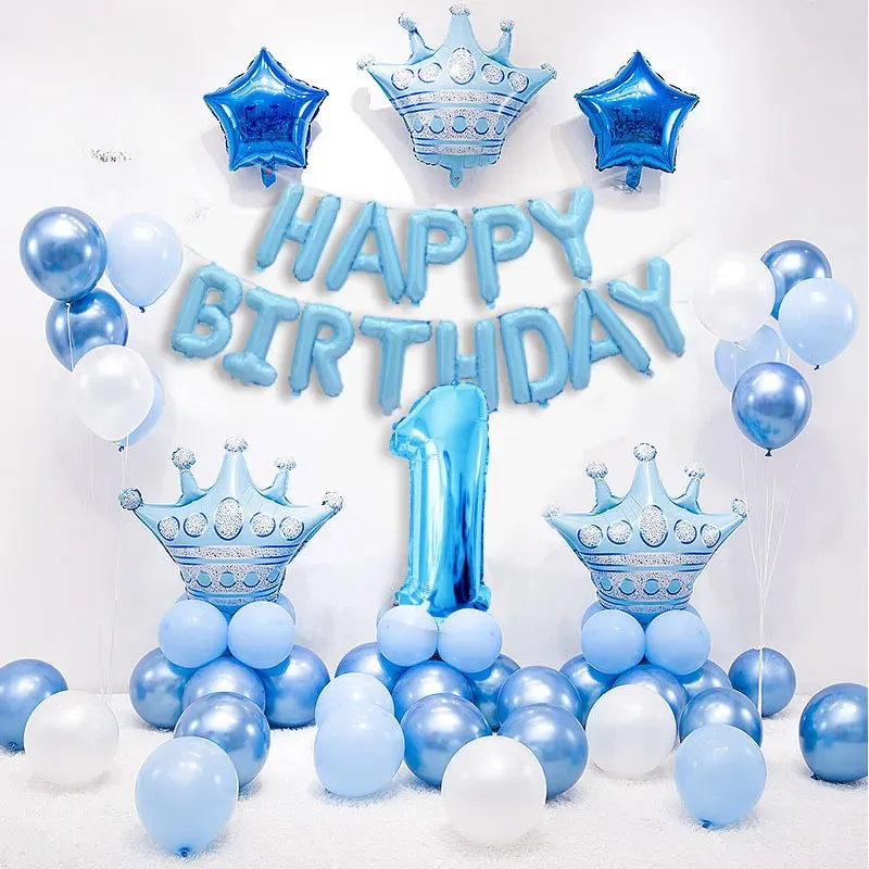 Blue Pink Crown Helium Number Foil Balloon Set Out For Baby Boy Or