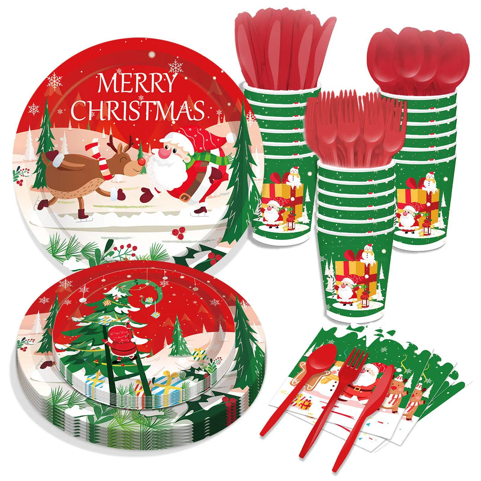 Engångsgolvare julgran Santa Claus Paper Plates Party Supplie och servetter Födelsedagsuppsättning servis serverar 8 gäster för koppar DHRT7