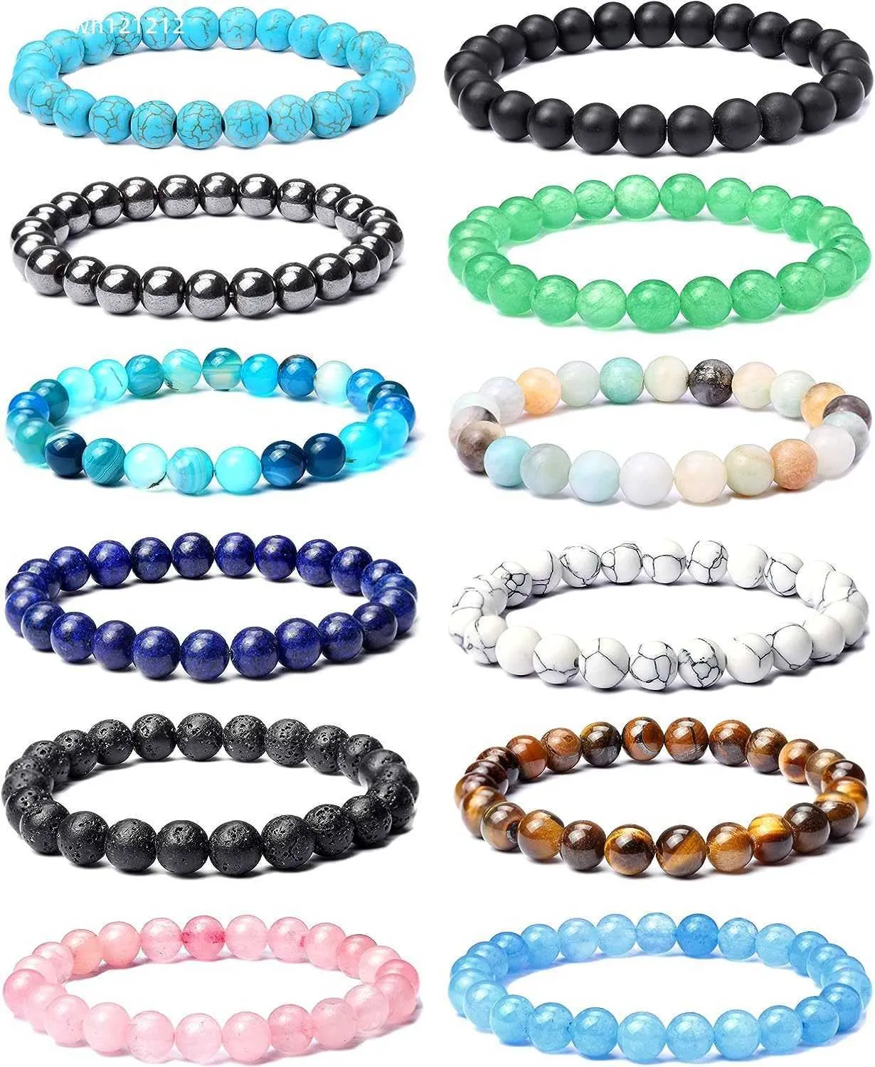 Leocuci 12PCS 8mm Semi-precious Beaded Bracelets for Men Women Healing Stretch Round Bead Crystal Gemstones Bracelets