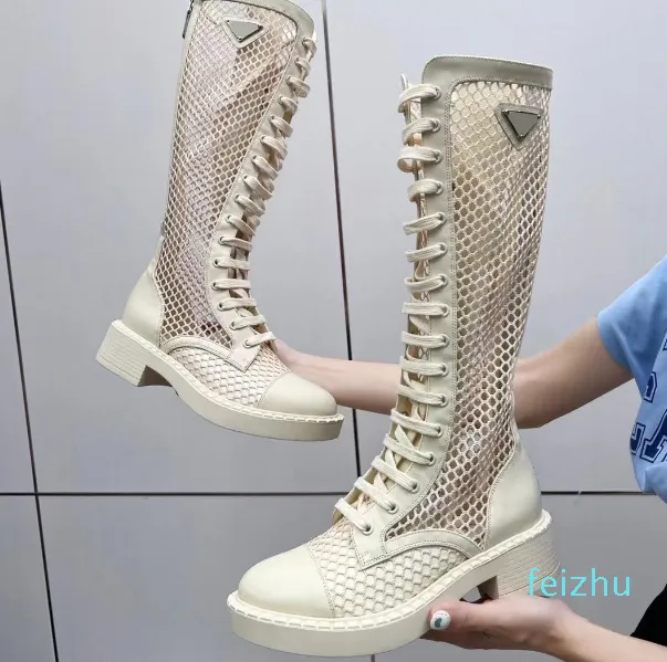 Bottes en maille ajourée triangle de styliste, bottes à lacets en cuir véritable pour femmes