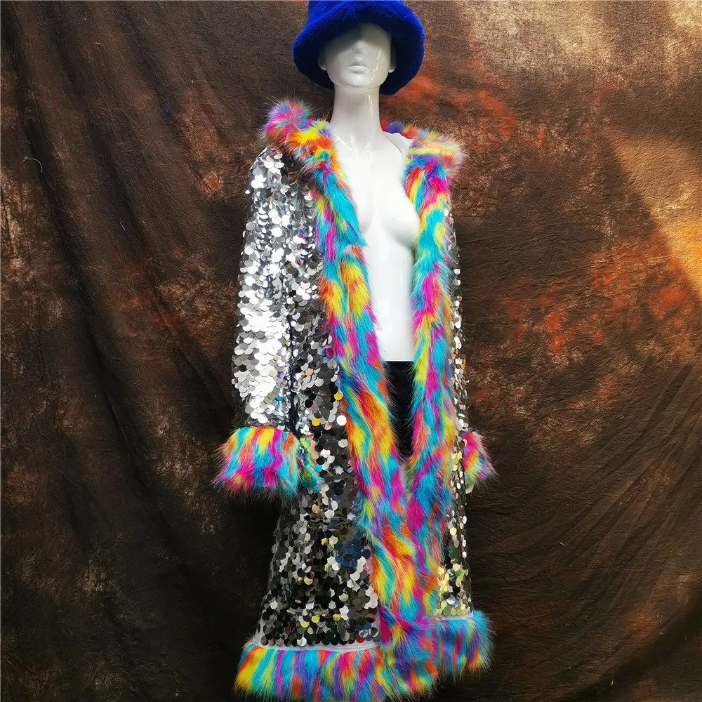 Womens Fur Faux Fashion cute women Colorful fur rainbow Sequined hood Niglub long coat jacket Stage party costumes 230828