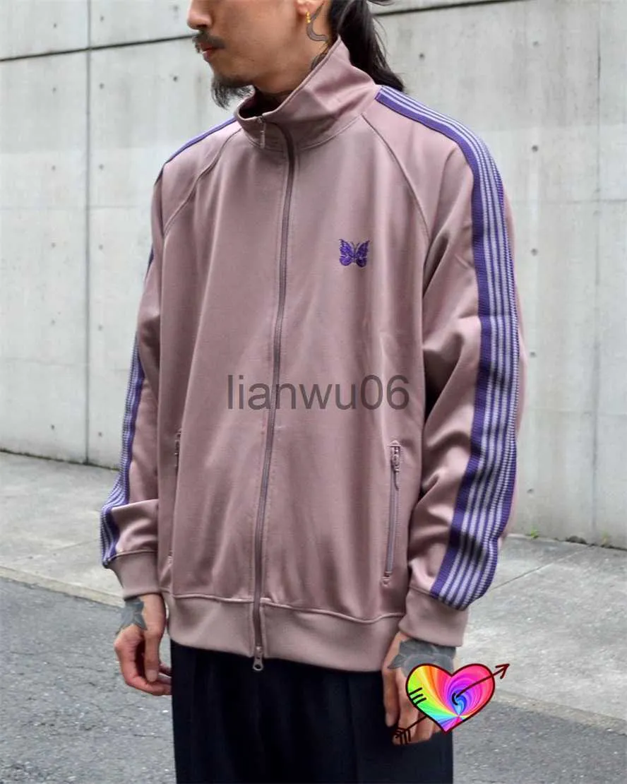 2023 Mens Taupe Needles Track Jacket Knitted Purple Stripe Poly