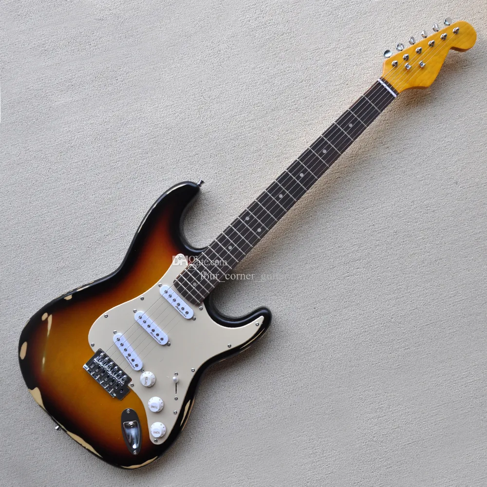 6 Strings Tobacco Sunburst Relic Electric Guitar with Cream Pickguard Rosewood Fretboard SSS Pickups Customizable